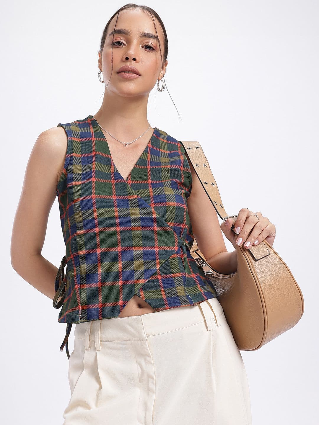 glitchez glitchez Checked Waistcoat Style Wrap Top