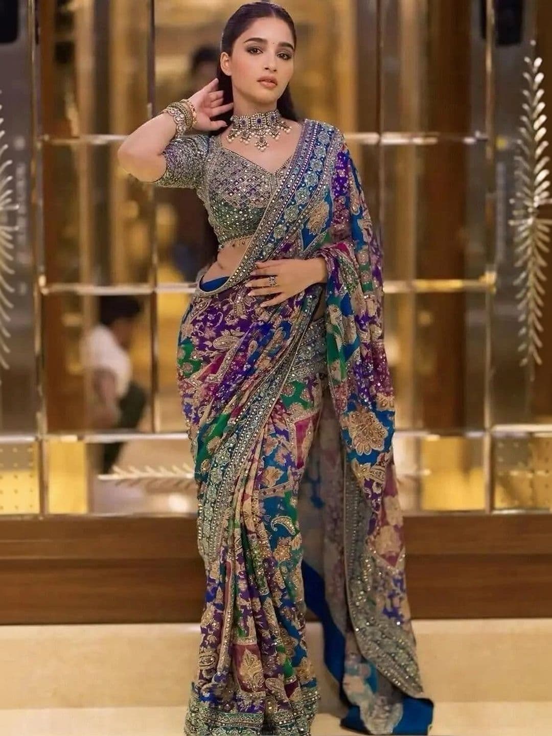 Saanvi Mirror Work Poly Crepe Saree