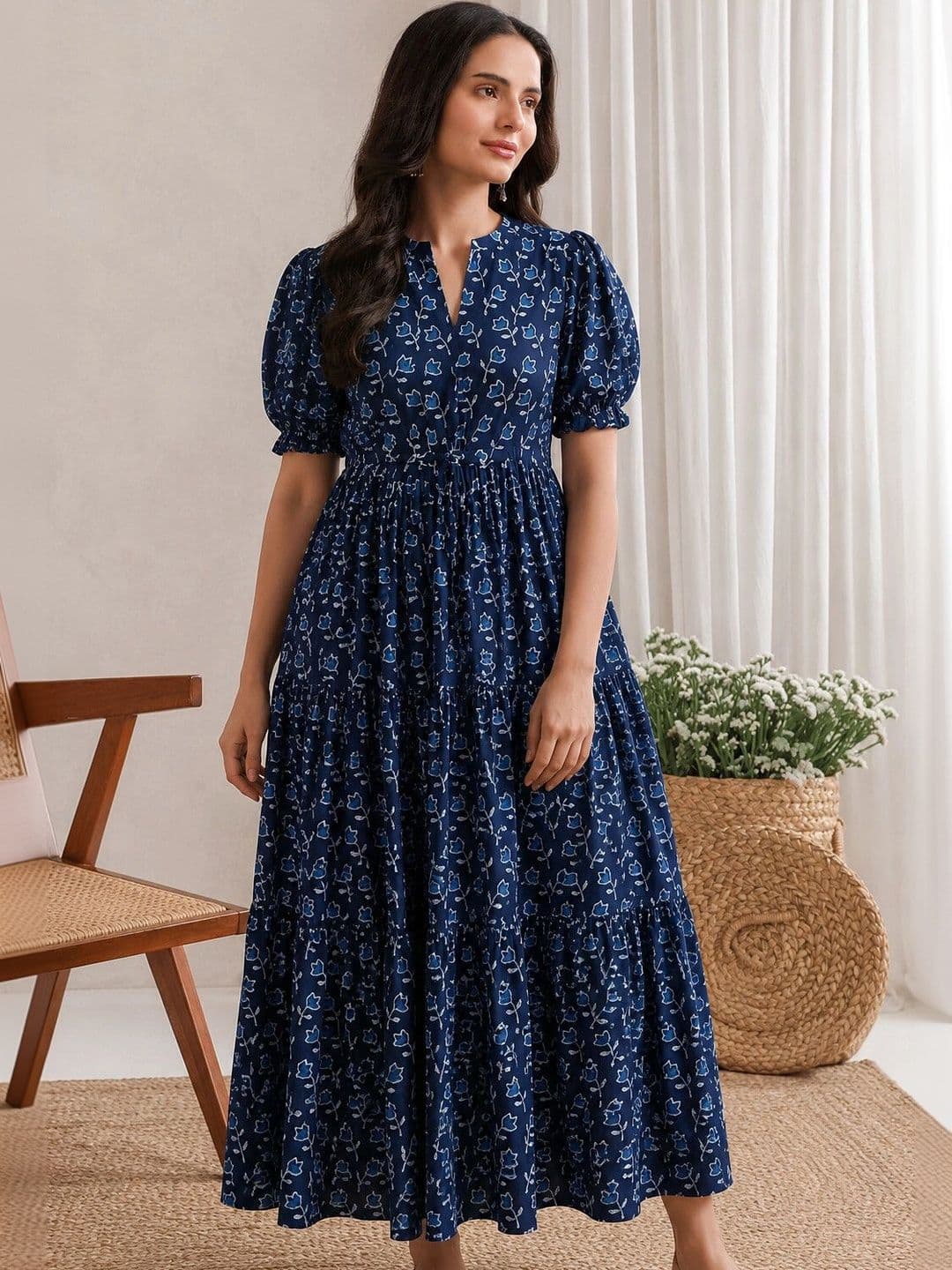 PRESHA Floral Print Puff Sleeve A-Line Maxi Dress