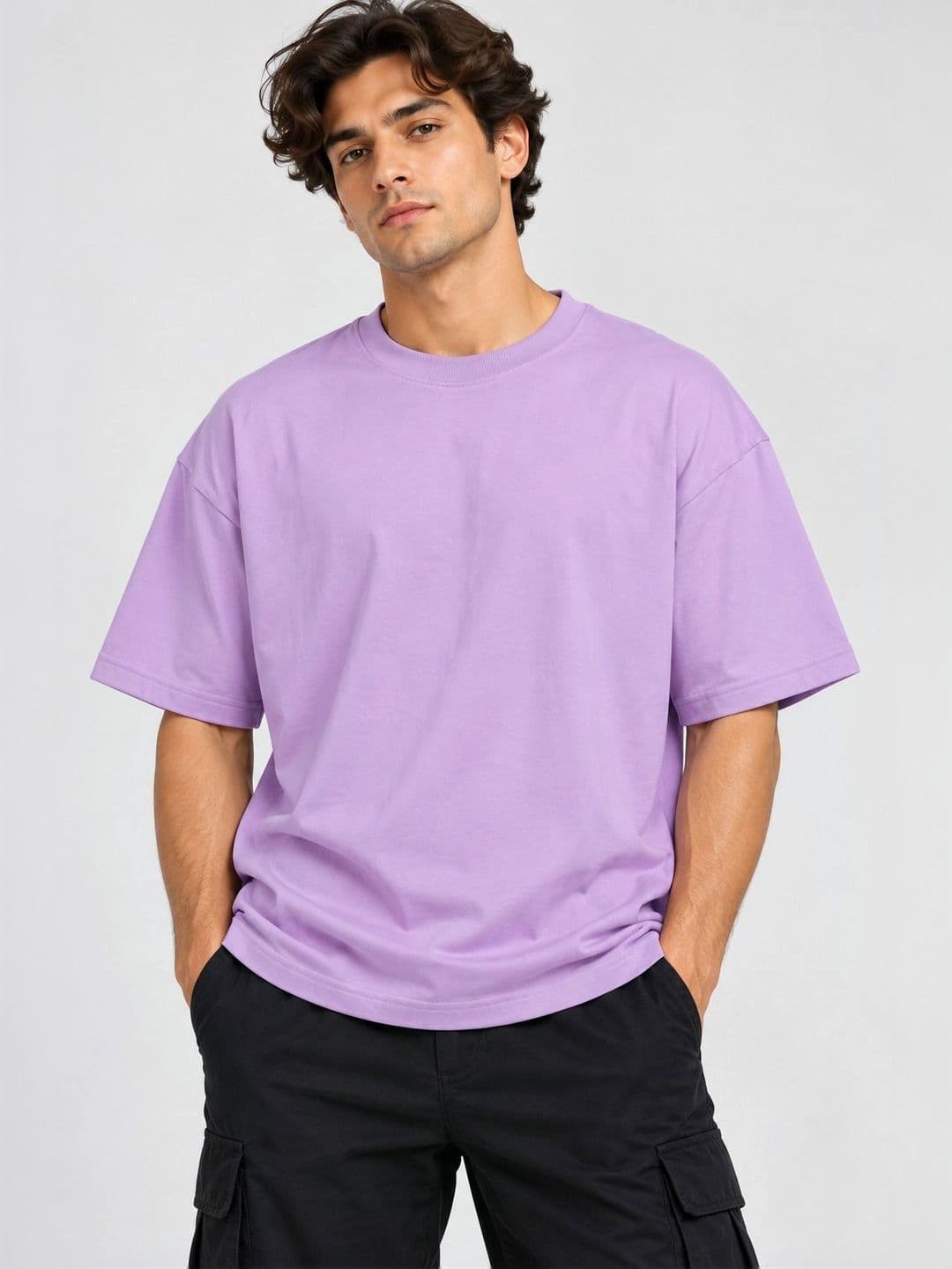 DUODRIP Men Lavender Solid Round Neck Oversized T-shirt