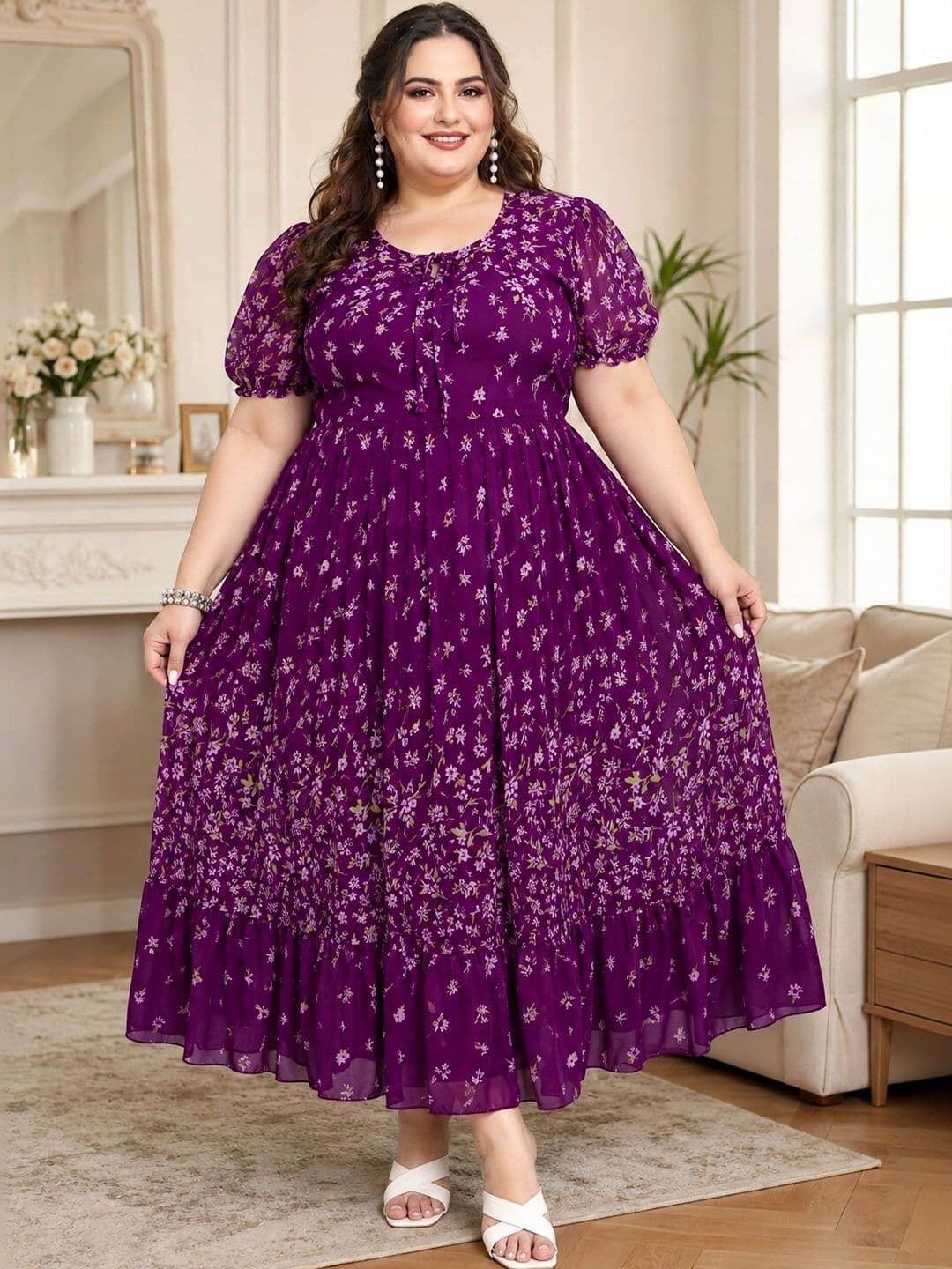 QENA Women Floral Print Puff Sleeve Georgette A-Line Maxi Dress