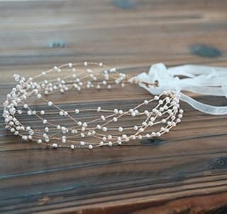 Shidara 1 pcs Premium Bridal Headpiece Wedding Headband - Pearl Vintage Wedding Hair Bands for Brides with Lace Ribbon (White Beads)