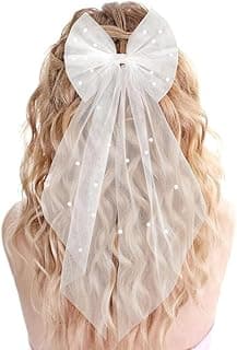 1 Pcs Luxury Bridal Pearl Veil Hair Bow Wedding White Tulle Bow with Clip Wedding Bachelorette Hair Accessories for Women, Large Hair Bow with Barrette(White Pearl)