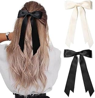 2pcs Solid Silky Satin Hair Bows for Women, Ribbon Clip with Long Tail, Red and Black Hair Bow Hair Accessories, Bow for Hair for Women Girls Gifts|BLACK&WHITE COLOR