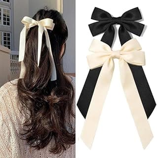 BELICIA 2PCS Luxury Silky Satin Hair Ribbon Clips with Hair Bows, Black & Beige for Women, Girls, Toddlers, Teens, Kids