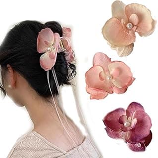 Artificial Flower Hair Clips for Women and Girls | Orchid Style Hair Accessories with Pearl Center | Fashionable Hairpins for Bun, Wedding, Parties Festive and Special Occasions (Set of 1)