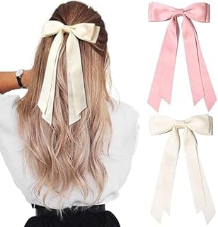 BELICIA 2PCS Luxury Silky Satin Hair Bows Hair Clip Beige Pink Hair Ribbon Ponytail Holder Accessories Slides Metal Clips Hair Bow for Women Girls Toddlers Teens Kids