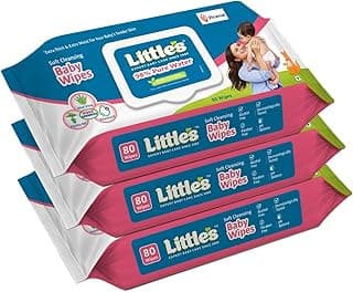 Little's Soft Cleansing Baby Wipes with Lid | 80 Wipes x Pack of 3 - 240 Wipes | Extra Thick & Moist Wet Wipes for Baby's | Prevents Rashes & Redness with Goodness of Aloe Vera, Vitamin E & Jojoba Oil