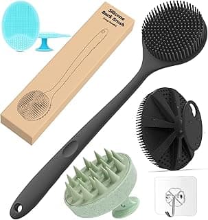 4-in-1 Soft Silicone Bath Brush Set | Long Handle Back Scrubber + Body Scrubber + Scalp Massager + Face Massager | Super Exfoliating & Lathering Shower Brush | BPA-Free | For Men & Women | With Free 3