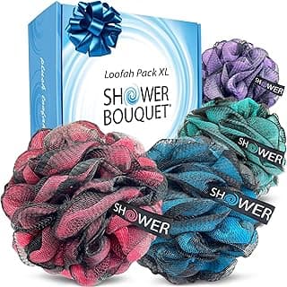Loofah-Charcoal Bath-Sponge-Color-Set XL-75g by Shower Bouquet - Extra Large 4 Pack, Soft Mesh Black Bamboo Loufa Puff - Exfoliating Body Scrubber for Women and Men: Soothing Face & Body Exfoliator
