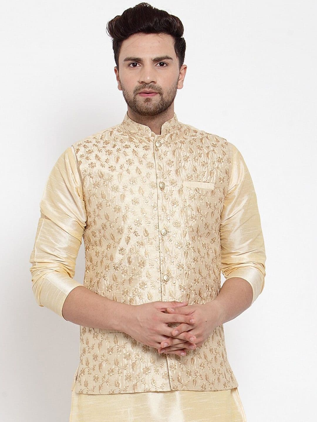 KRAFT INDIA KRAFT INDIA Men Beige & Gold Silk Embroidered Nehru Jacket