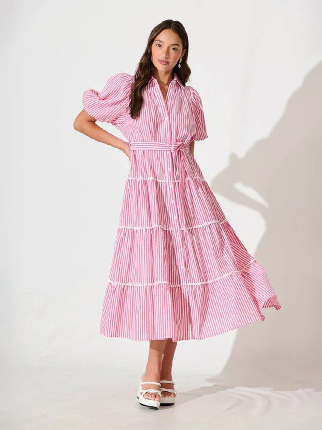 Burgstudio9 Burgstudio9 Women Striped Shirt Collar Puff Sleeve Tiered Cotton Fit & Flare Dress