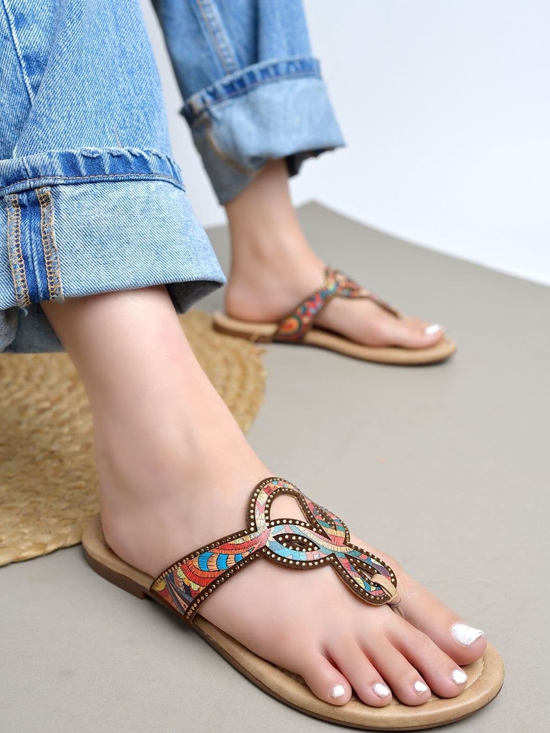 SZN SZN Women Multicolored Embellished Slip-On Open Toe Flats