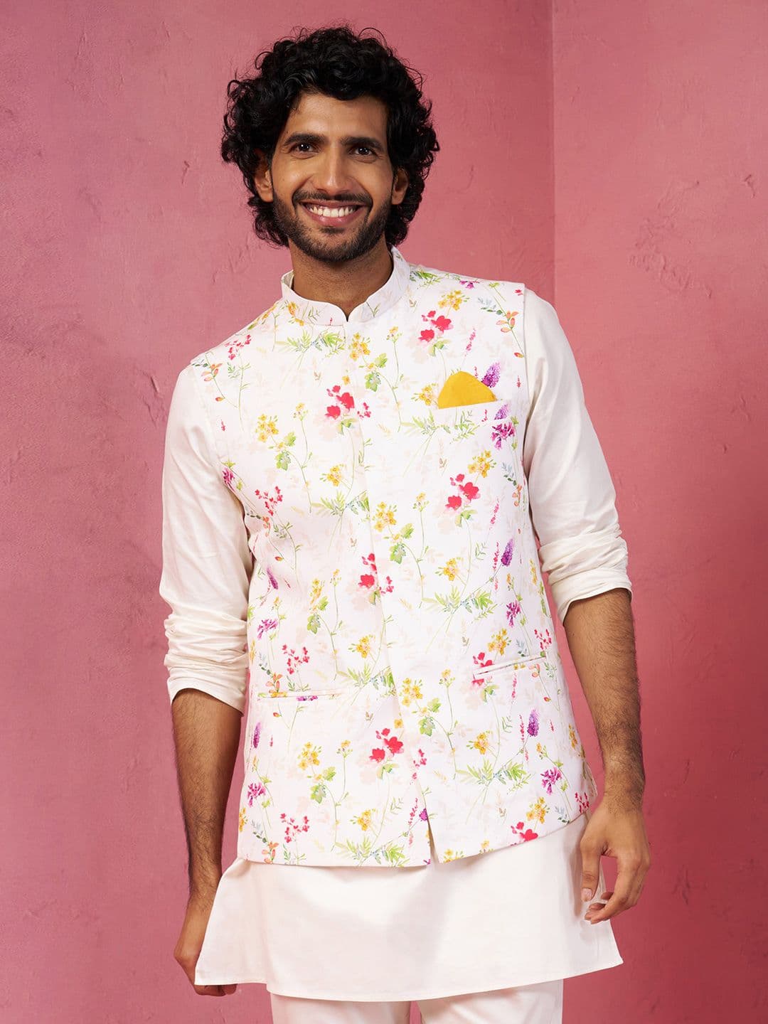 VASTRAMAY VASTRAMAY Men Cream Floral Printed Nehru Jacket