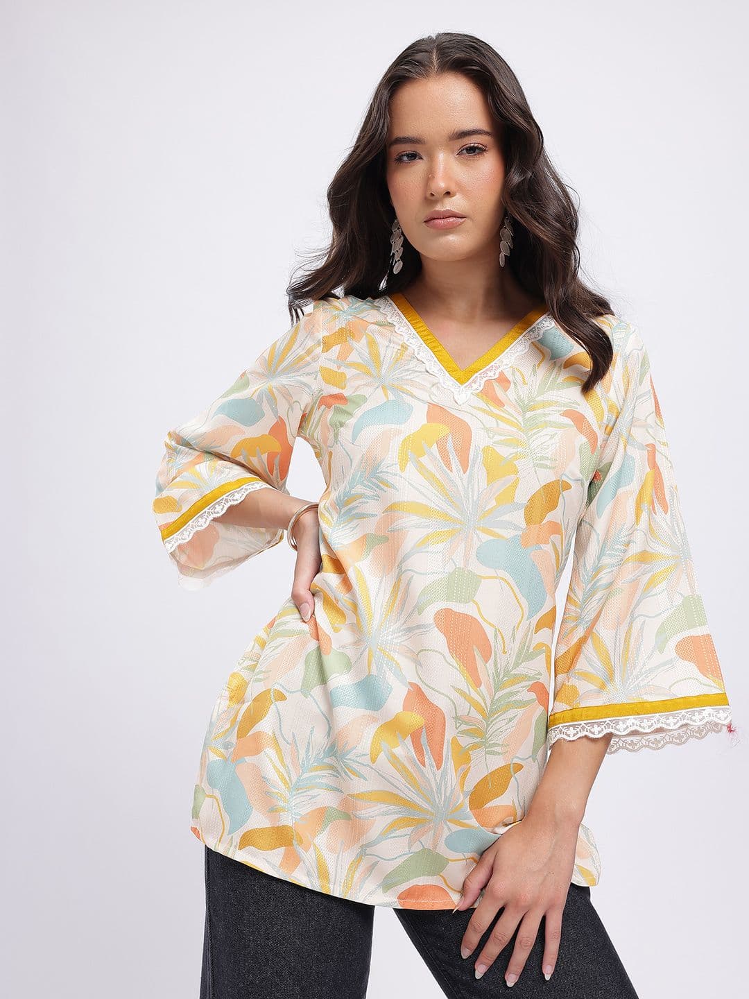 Anouk Rustic Anouk Rustic Lace Inserts & Sequined Detail Printed Kurti Top