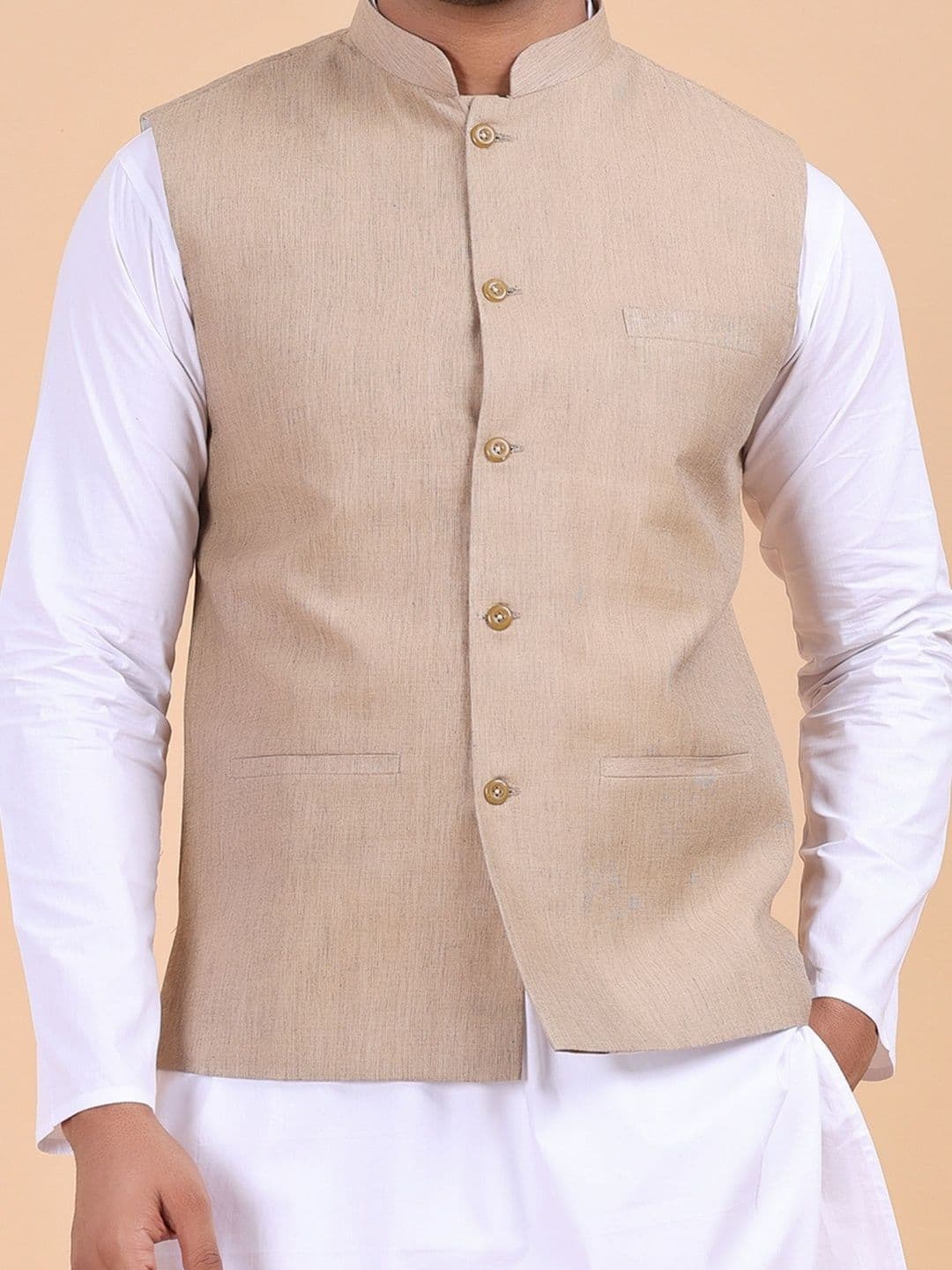 W & G W & G Men Woven Design Pure Cotton Solid Mandarin Collar Sleeveless Nehru Jacket