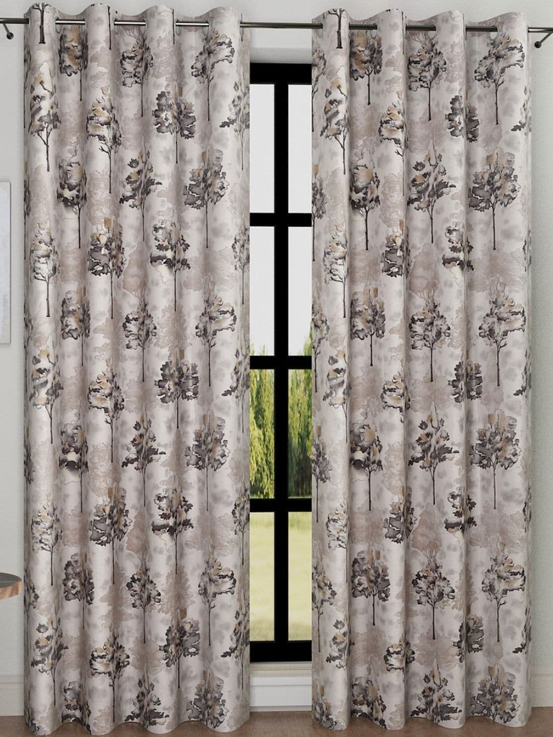 Myntra Elegant Homes Myntra Elegant Homes Grey & Cream-Coloured Set of 2 Floral Room Darkening Door Curtain