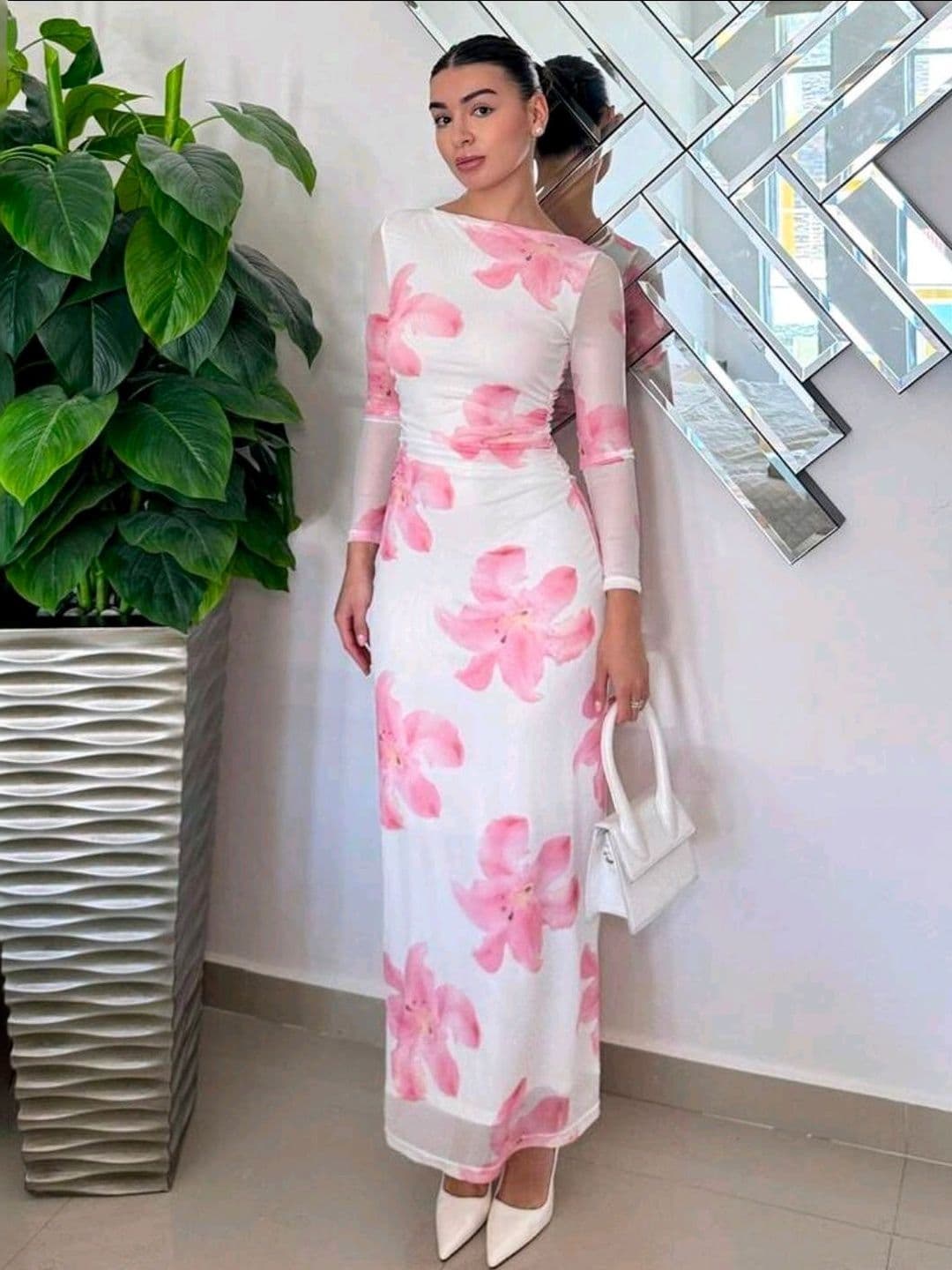 KI STUDIO KI STUDIO Floral Print Net Bodycon Maxi Dress