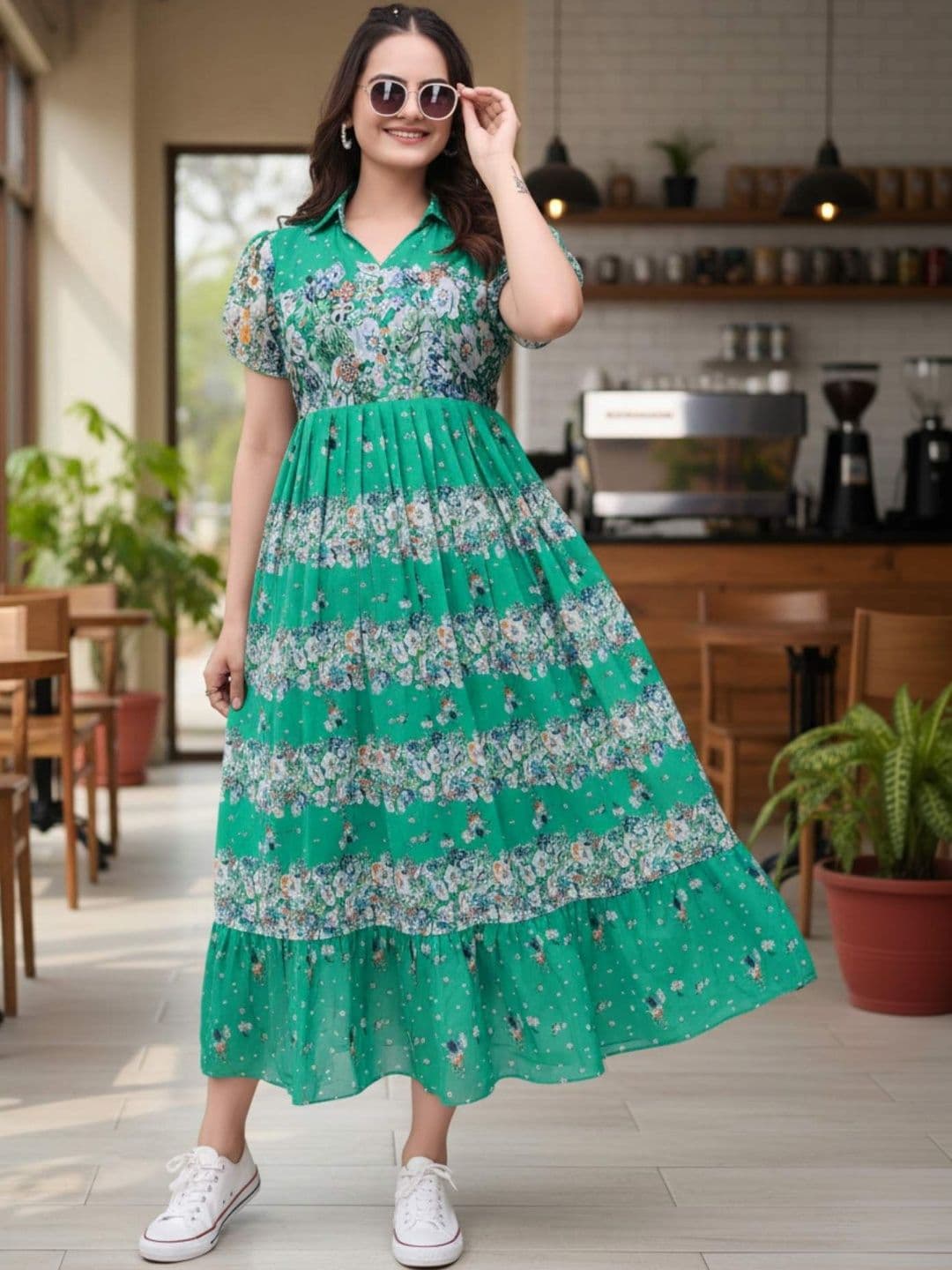 QENA QENA Floral Print Puff Sleeve A-Line Midi Dress