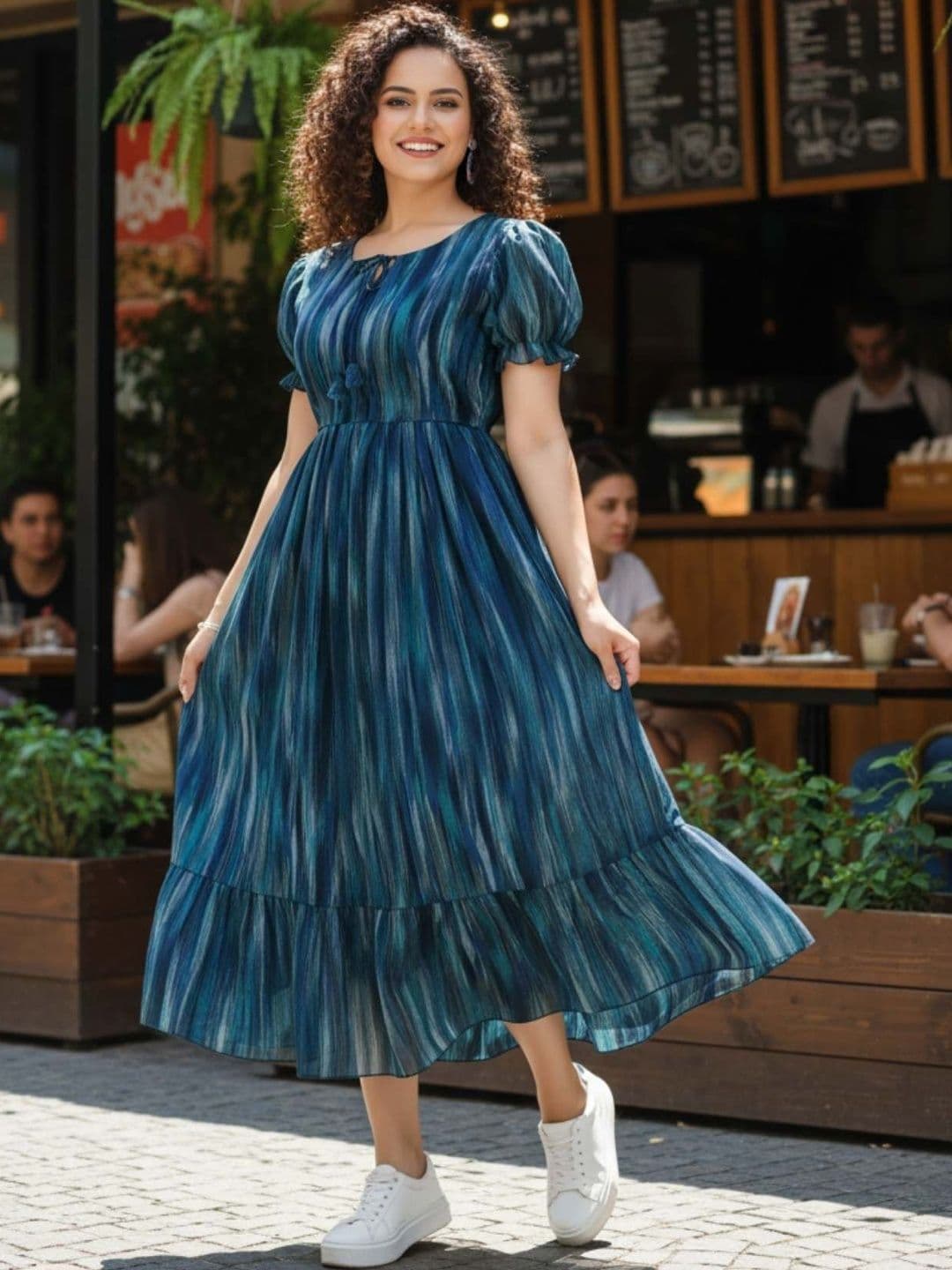 QENA QENA Print Puff Sleeve Georgette A-Line Midi Dress