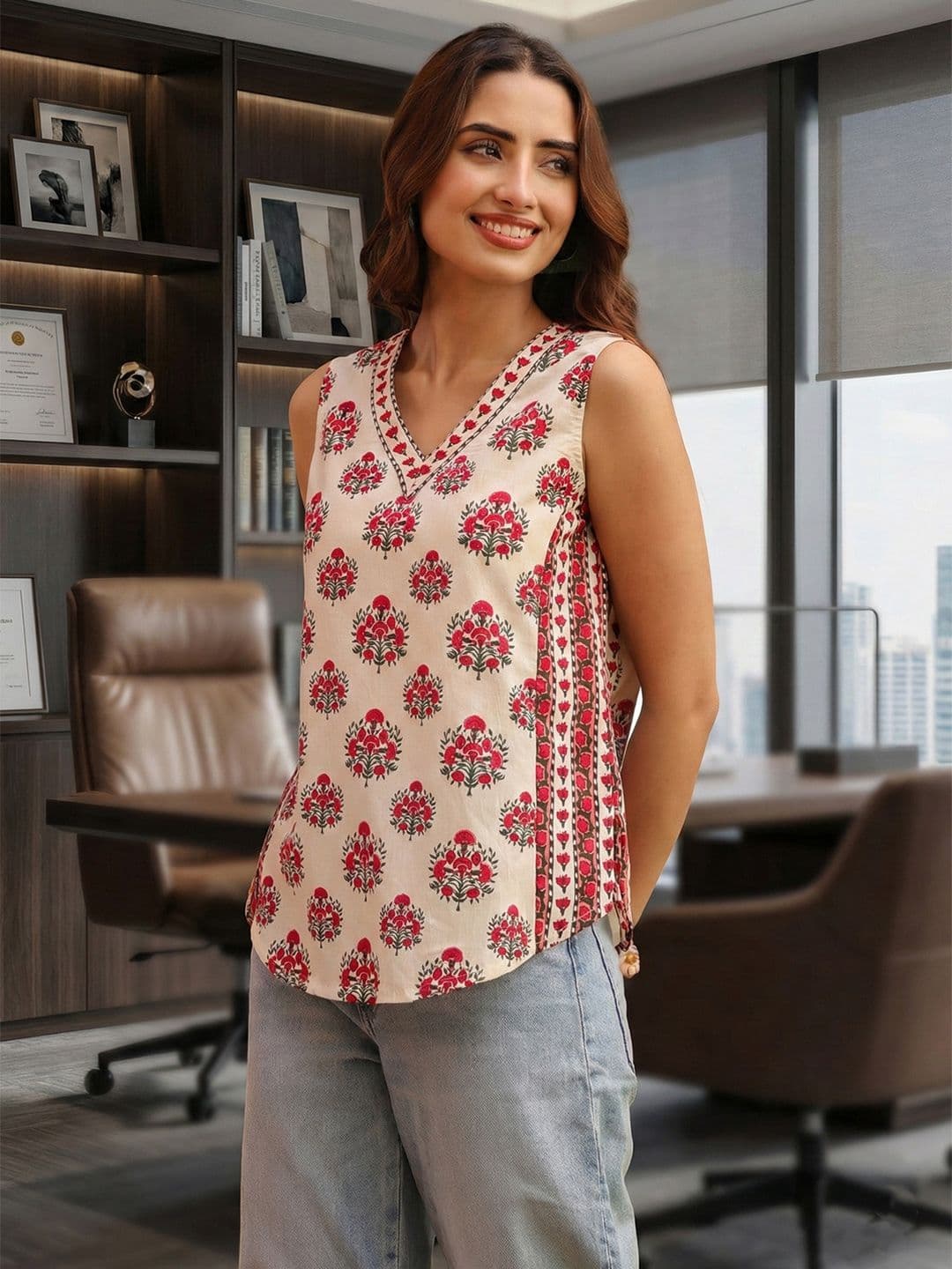 Rain & Rainbow Rain & Rainbow Women Ethnic Motifs Printed Sleveless Cotton Regular Top