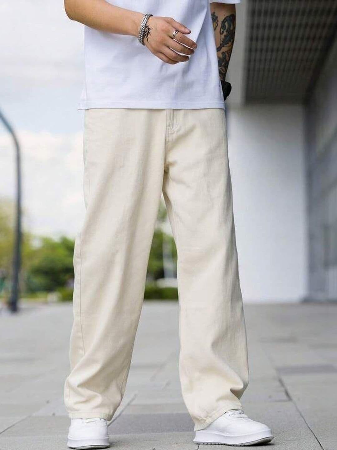 R.Code by The Roadster Life Co. R.Code by The Roadster Life Co. Mens Off-white Cotton Denim Straight Fit Jeans