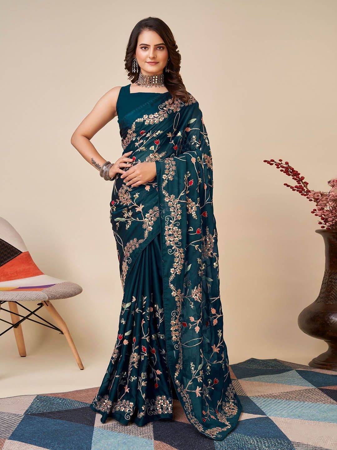 HERE&NOW HERE&NOW Teal Floral Embroidered Saree