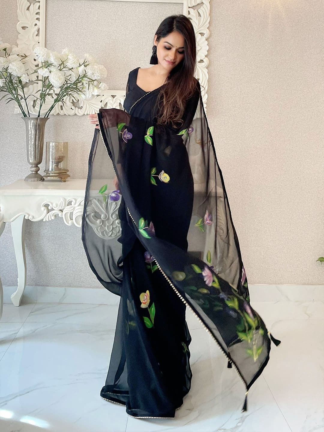 Anouk Anouk Black & Black Floral Poly Georgette Designer Saree