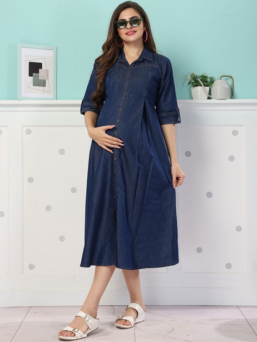 EASY MOM Women Maternity A-Line Midi Dress