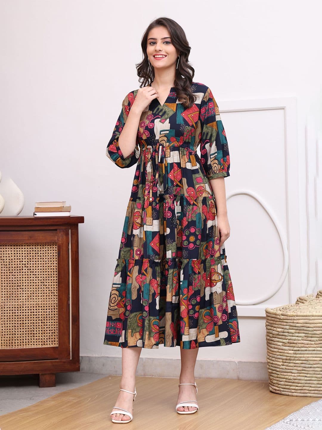 Claura Women Abstract Printed Mandarin Collar A-Line Dress