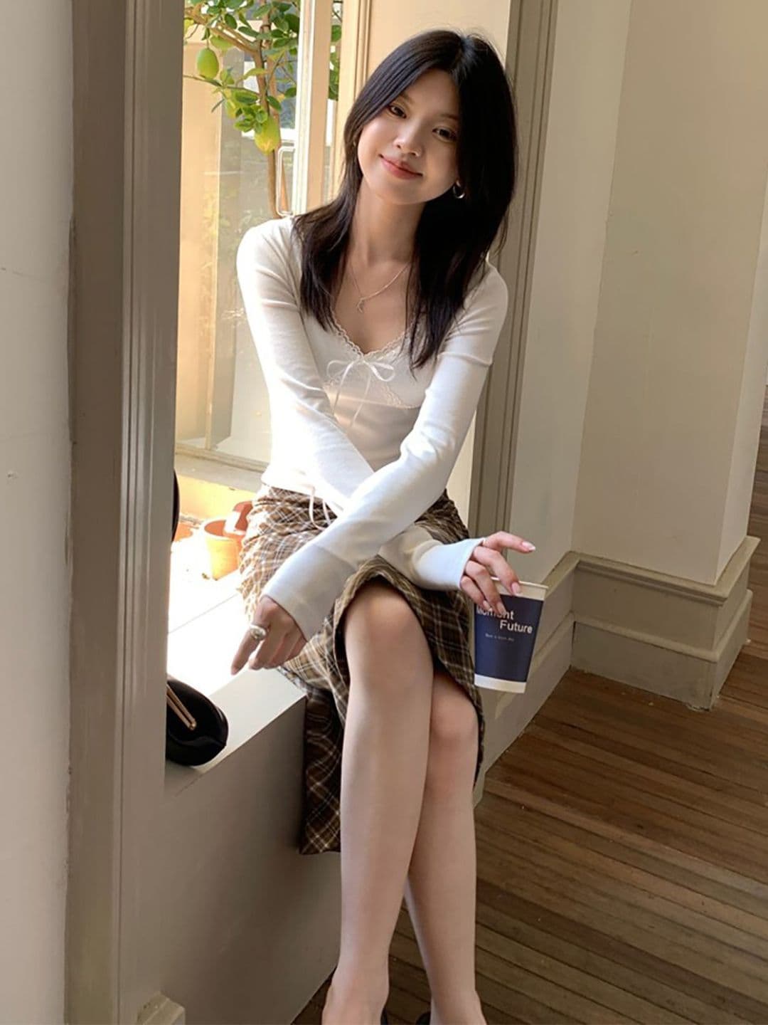 StyleCast x Revolte V-Neck Bow & Lace Detailed Regular Top