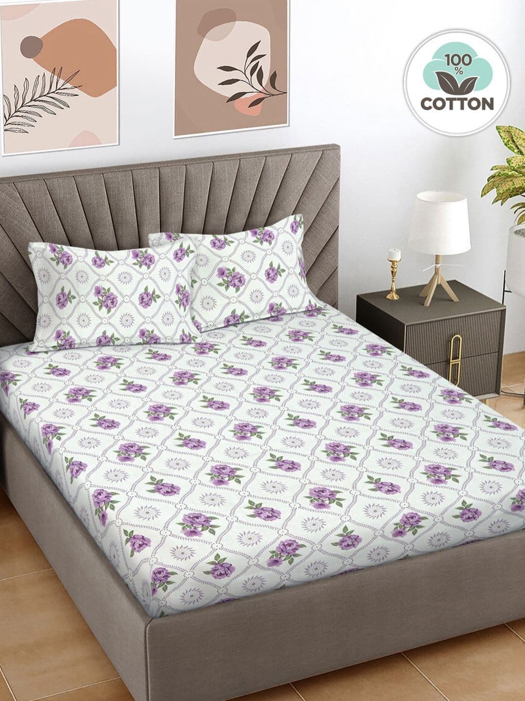 Myntra Elegant Homes Purple Floral Pure Cotton Skin-Friendly 300 TC King Superfine Bedsheet with 2 Pillow Covers-98 x 89 inches