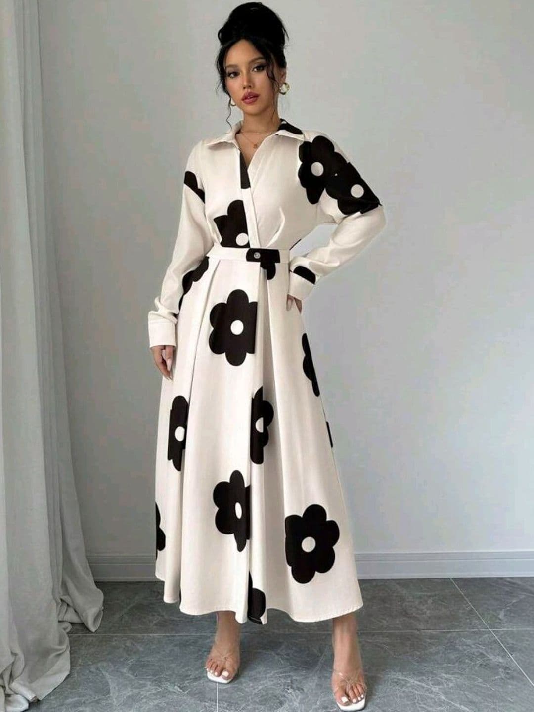 KI STUDIO Floral Print Shirt Midi Dress
