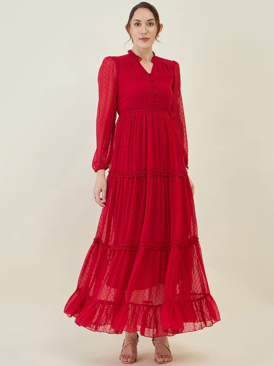 aayu Puff Sleeve Ruffles Georgette Maxi Dress