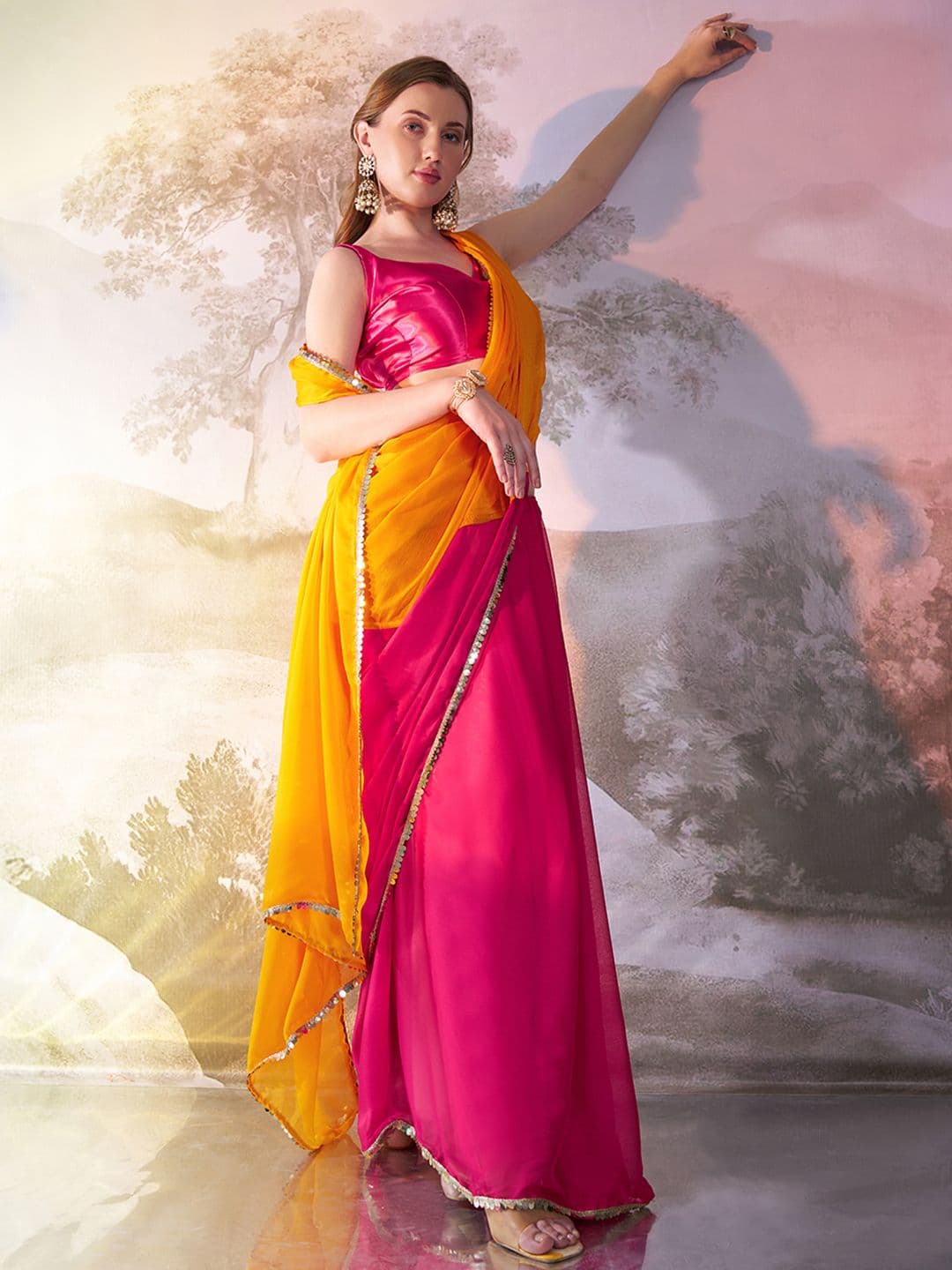 Mitera Colourblocked Sequinned Pure Georgette Saree with Embellished Border