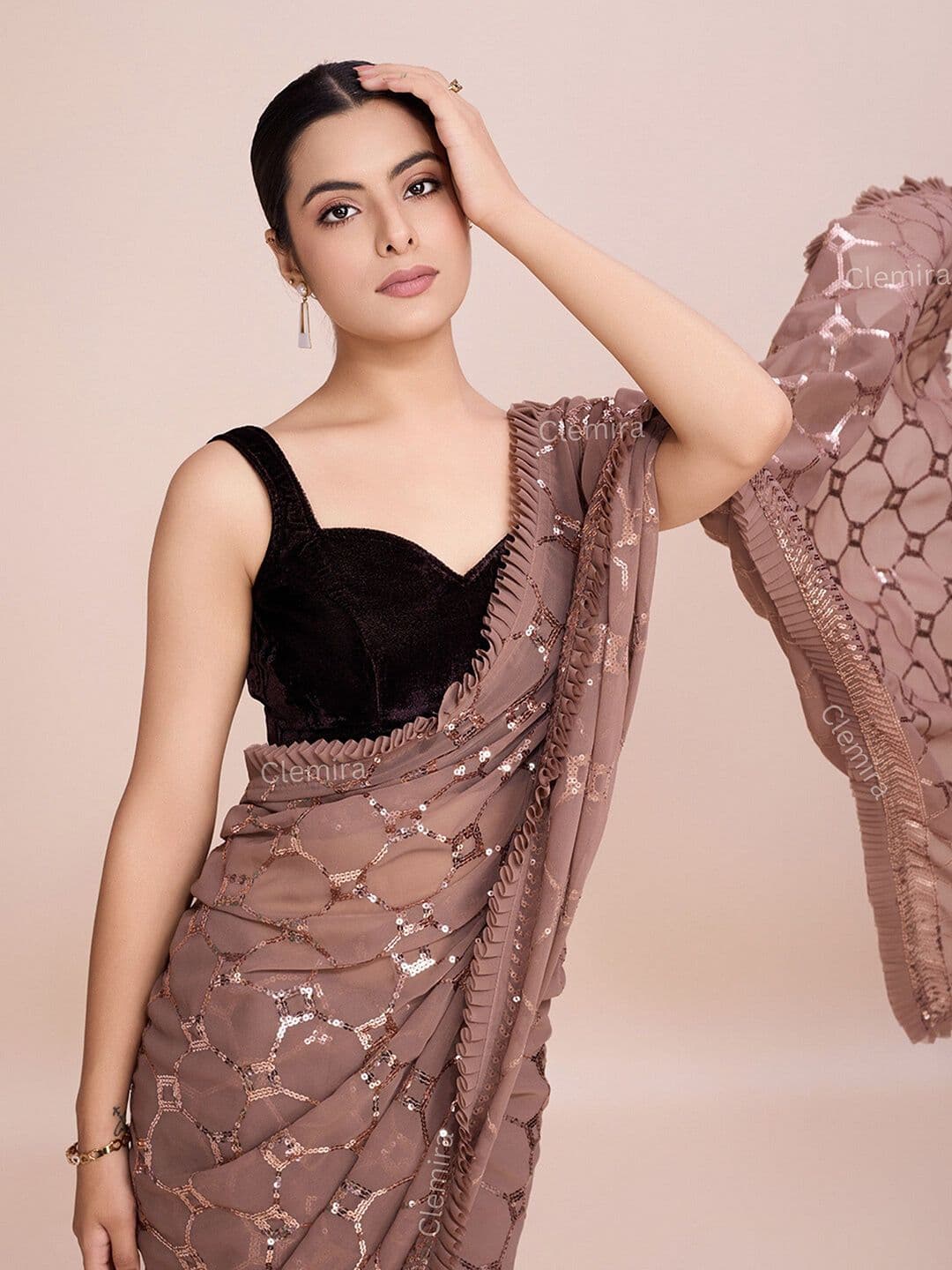 FashionsEye Embellished Sequinned Pure Georgette Heavy Work Saree