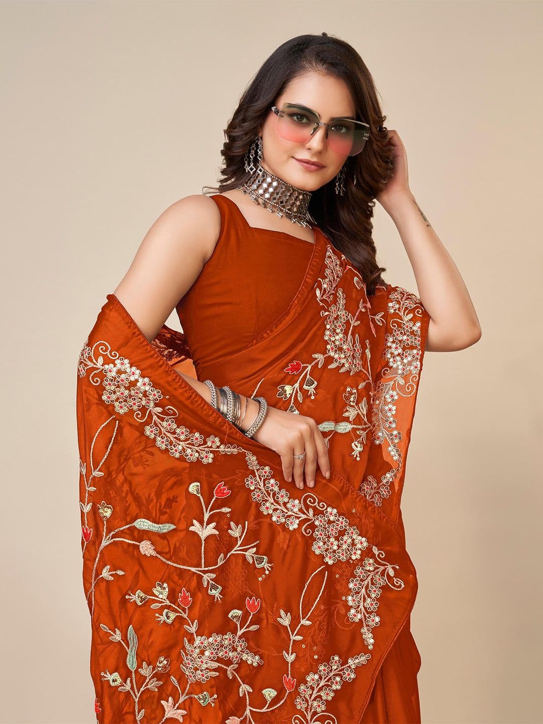 HERE&NOW Embellished Embroidered Saree