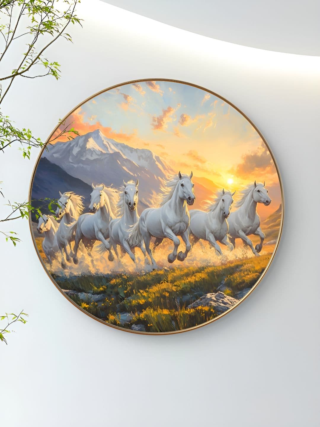 Myntra Elegant Homes 7 Running horses Wood Wall Round Paintings Wall Art - 16 x 16In