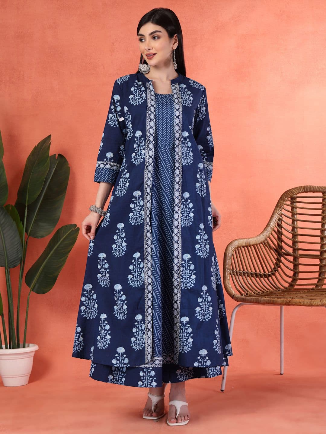 Shangri LA MS Designs Printed Indigo Cotton Fit & Flare Maxi Dress With Jacket
