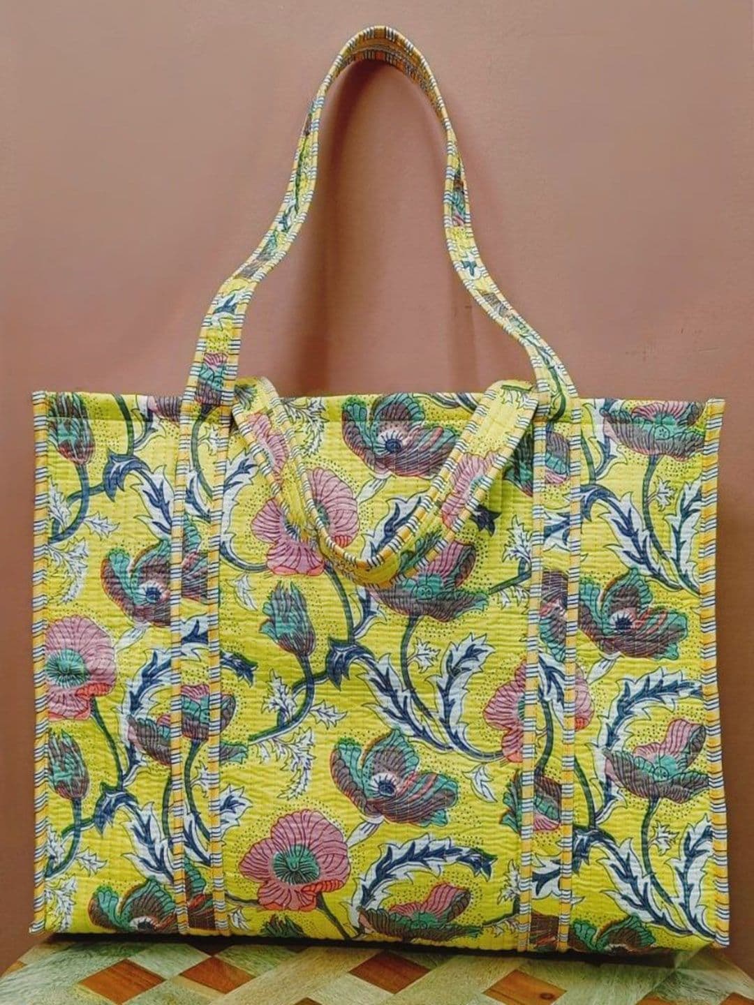 Gulaab Jaipur Floral Printed Cotton Quilted Tote Bag