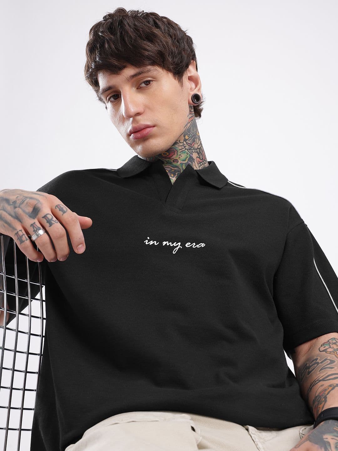 glitchez Solid Polo Collar Drop-Shoulder Sleeves T-shirt