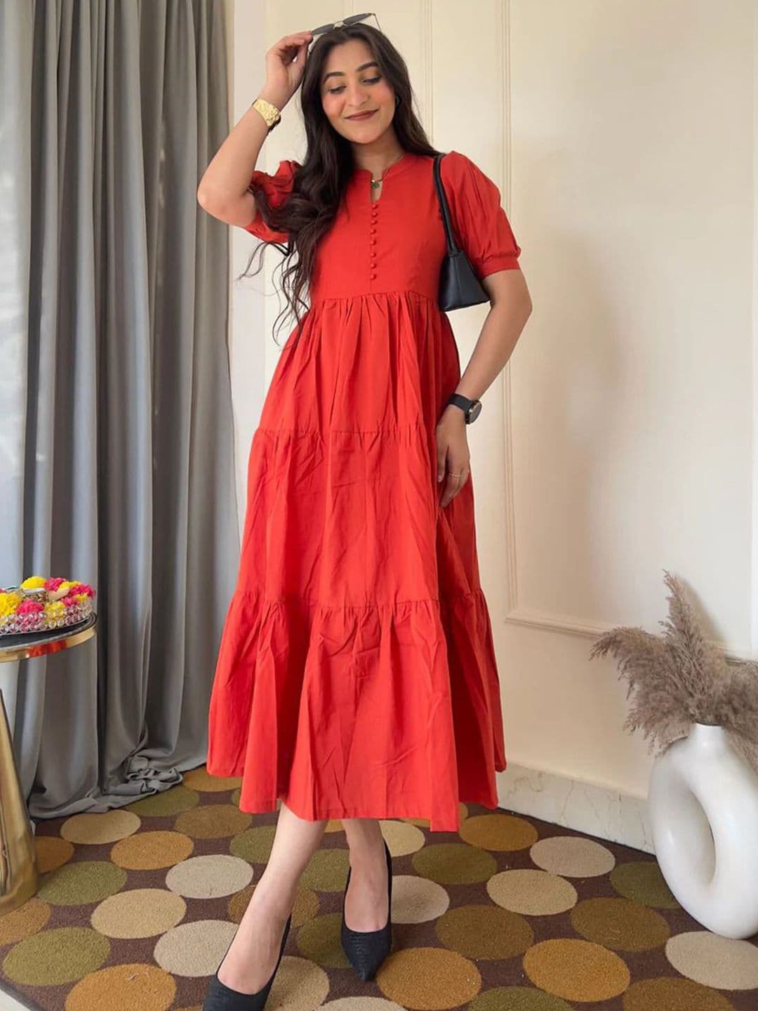 JAHIDA COMFORT WITH STYLE Women Solid Fit & Flare Midi Dress