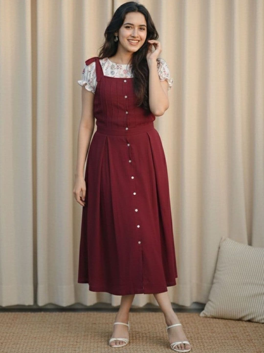 Ethniclook Floral Puff Sleeve Pinafore Midi Dress