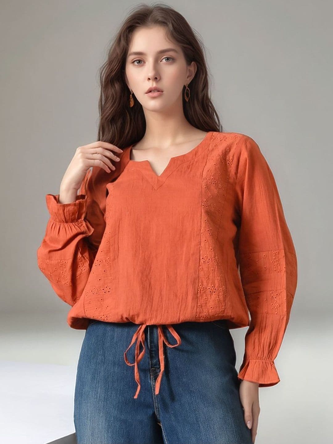 Roadster The Roadster Lifestyle Co Embroidered Pure Cotton Keyhole Neck Shirt Style Tops