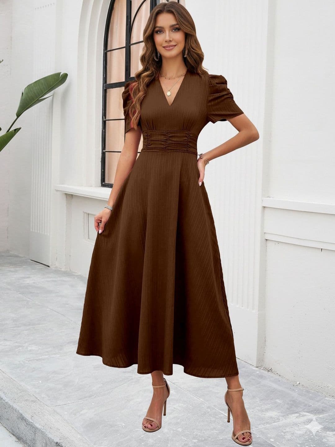 Sugathari Puff Sleeve Fit & Flare Midi Dress