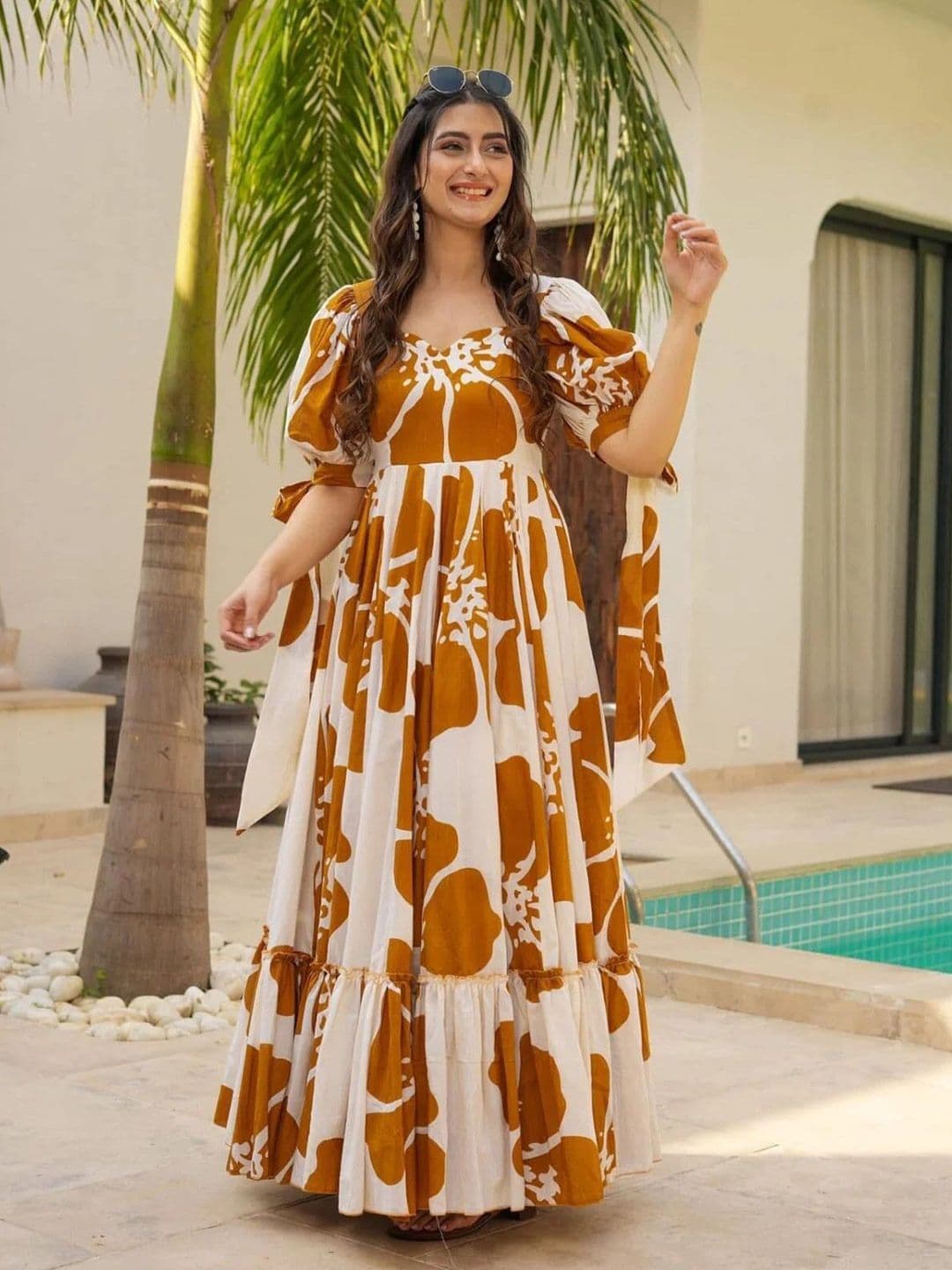 SHEETAL Associates Floral Print Puff Sleeve Crepe Fit & Flare Maxi Dress