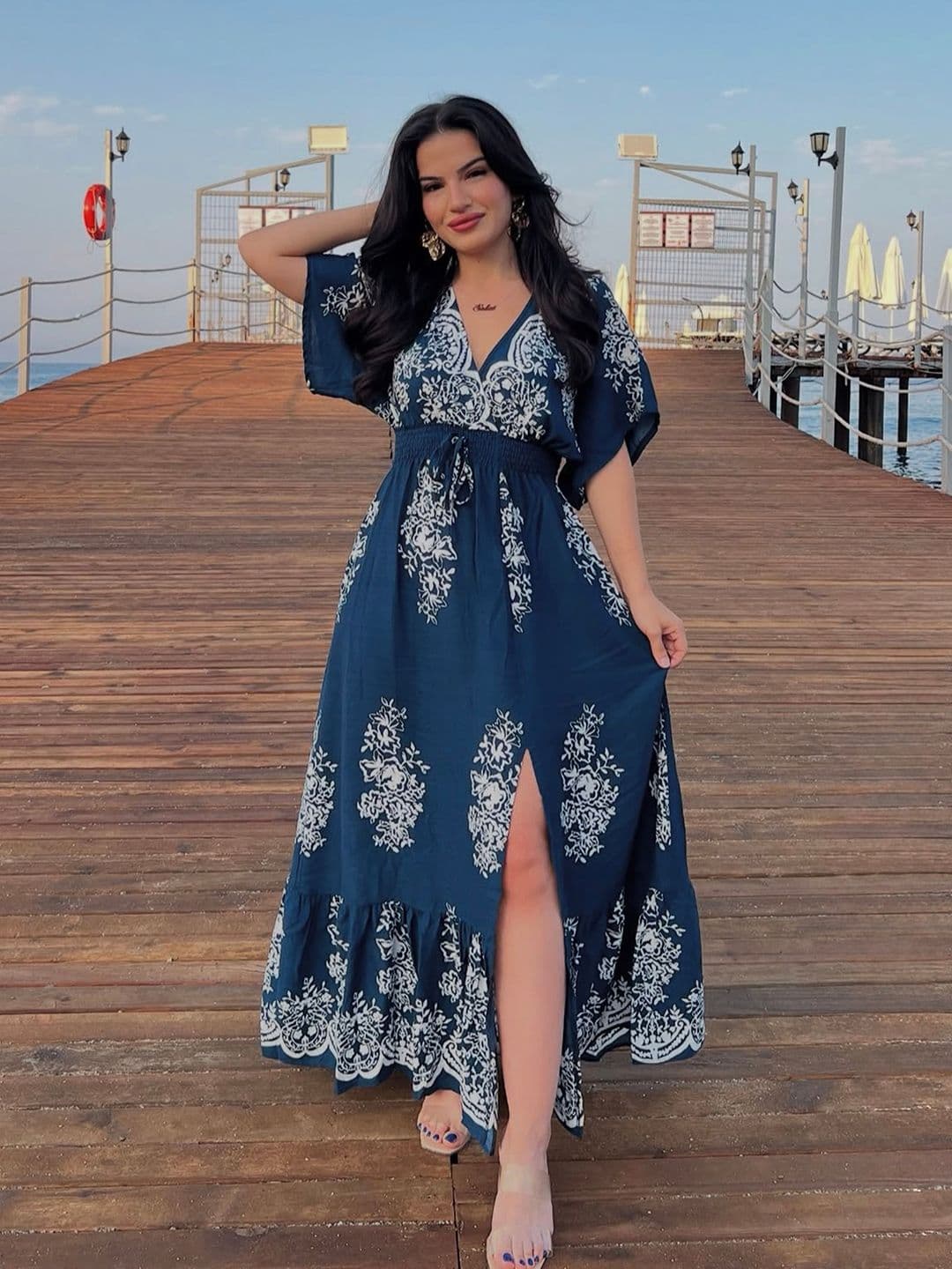 NWH Floral Print Kimono Sleeve Maxi Dress