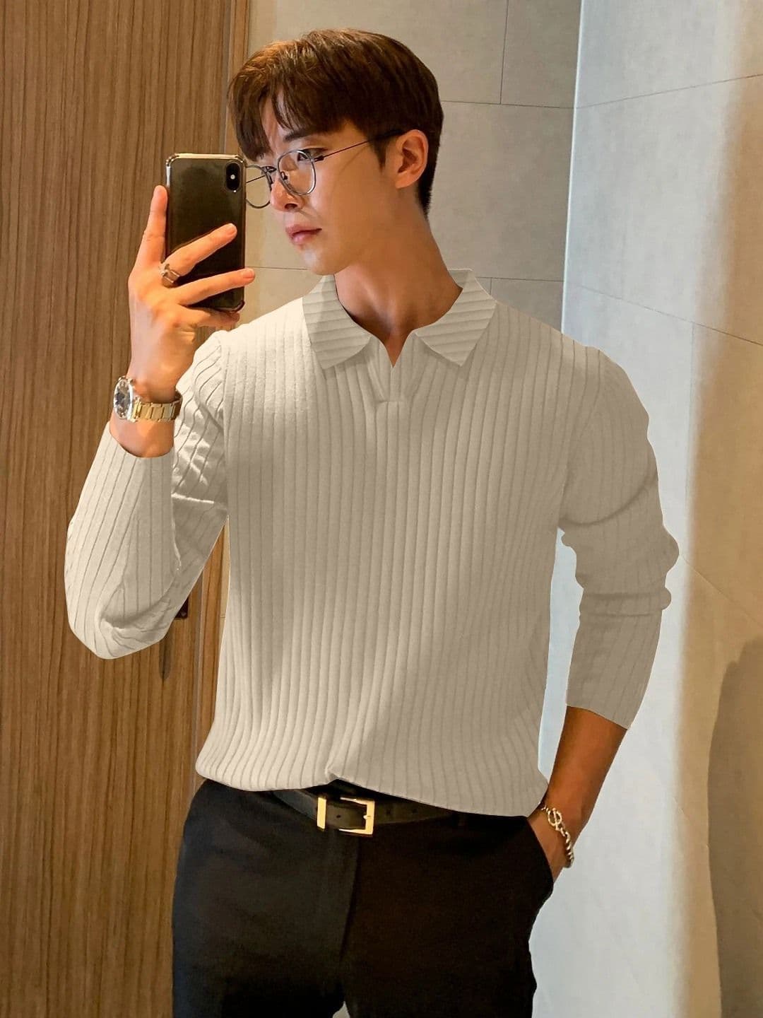 KAJARU Men Self Design Polo Collar T-shirt