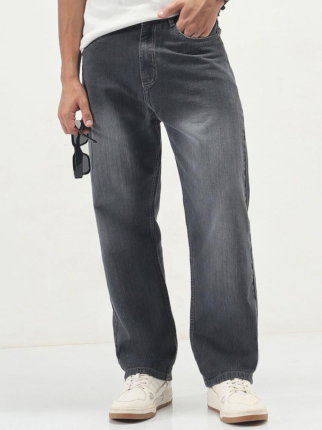 Urbano Fashion Men Dark Grey Loose Baggy Fit Washed Denim Non-Stretchable Jeans