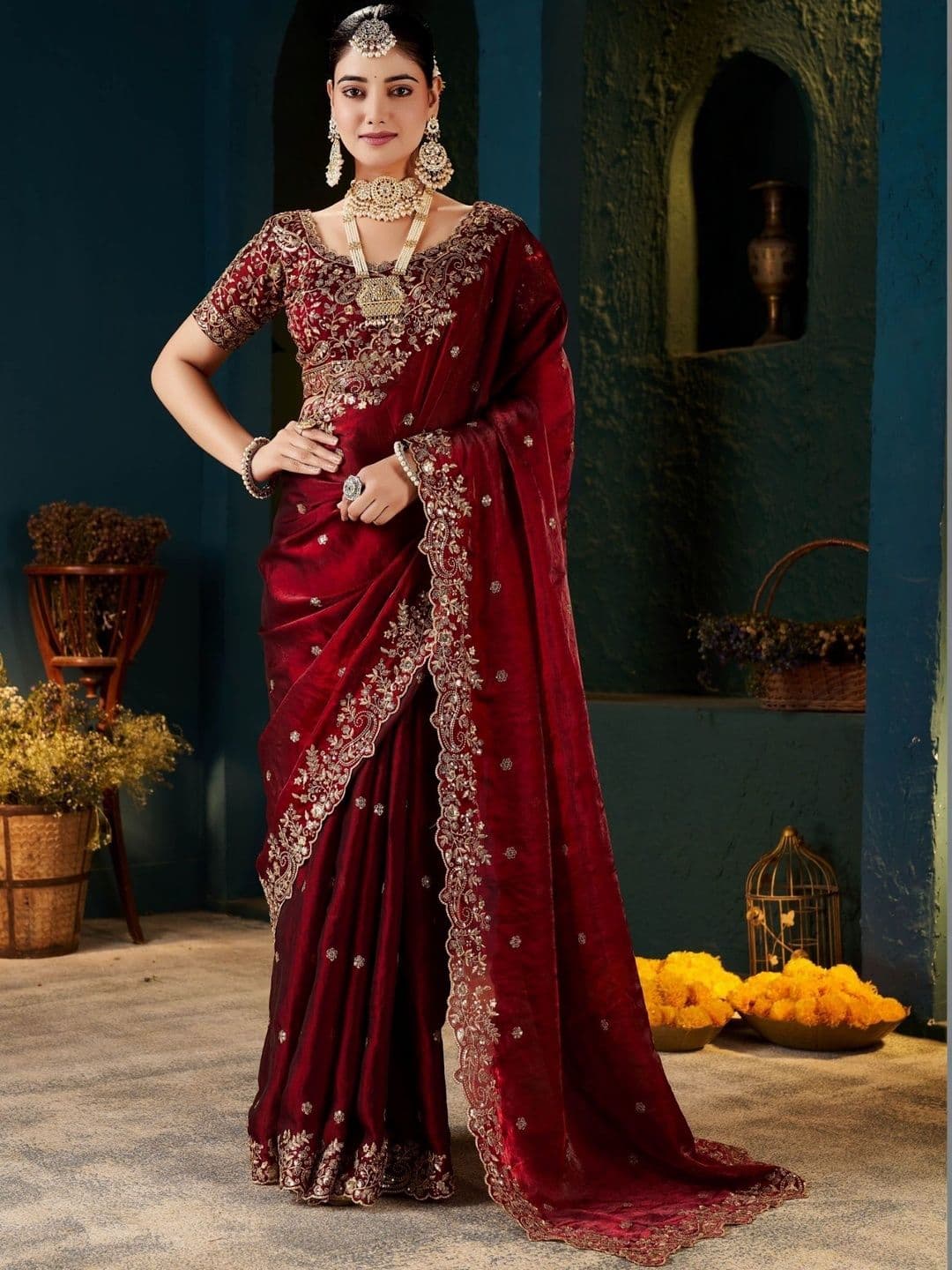 Zili Embellished Embroidered Art Silk Heavy Work Saree